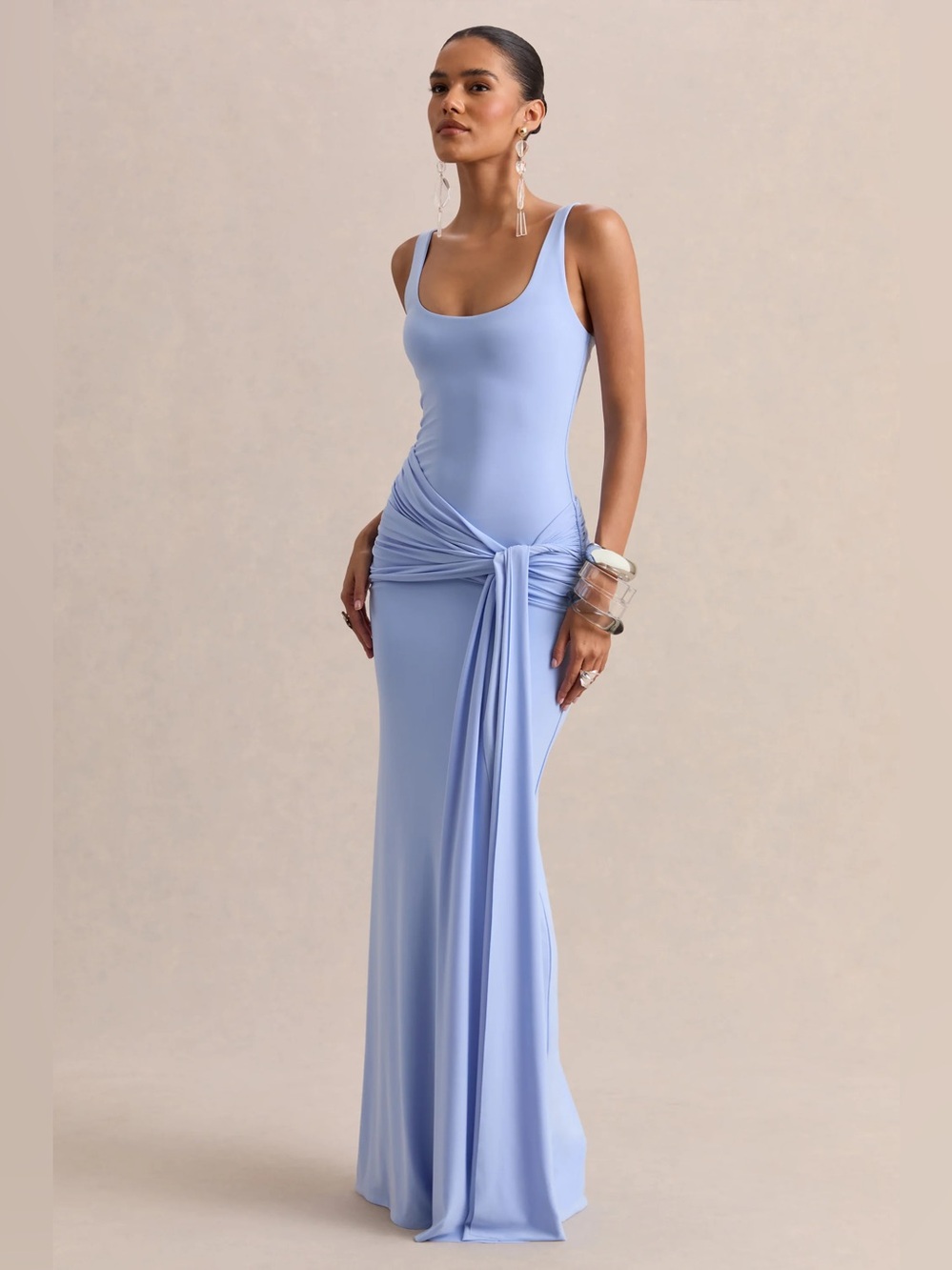 NWT Club L London Powder Blue Scoop-Neck Maxi Dress Gathered-Detail & Sash Sz 10 - Picture 4 of 11